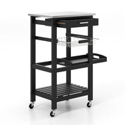 Carrello a 4 livelli con piano in acciaio inox cestino in rete e vassoio rimovibile, Carrello da cucina Isola da cucina Nero