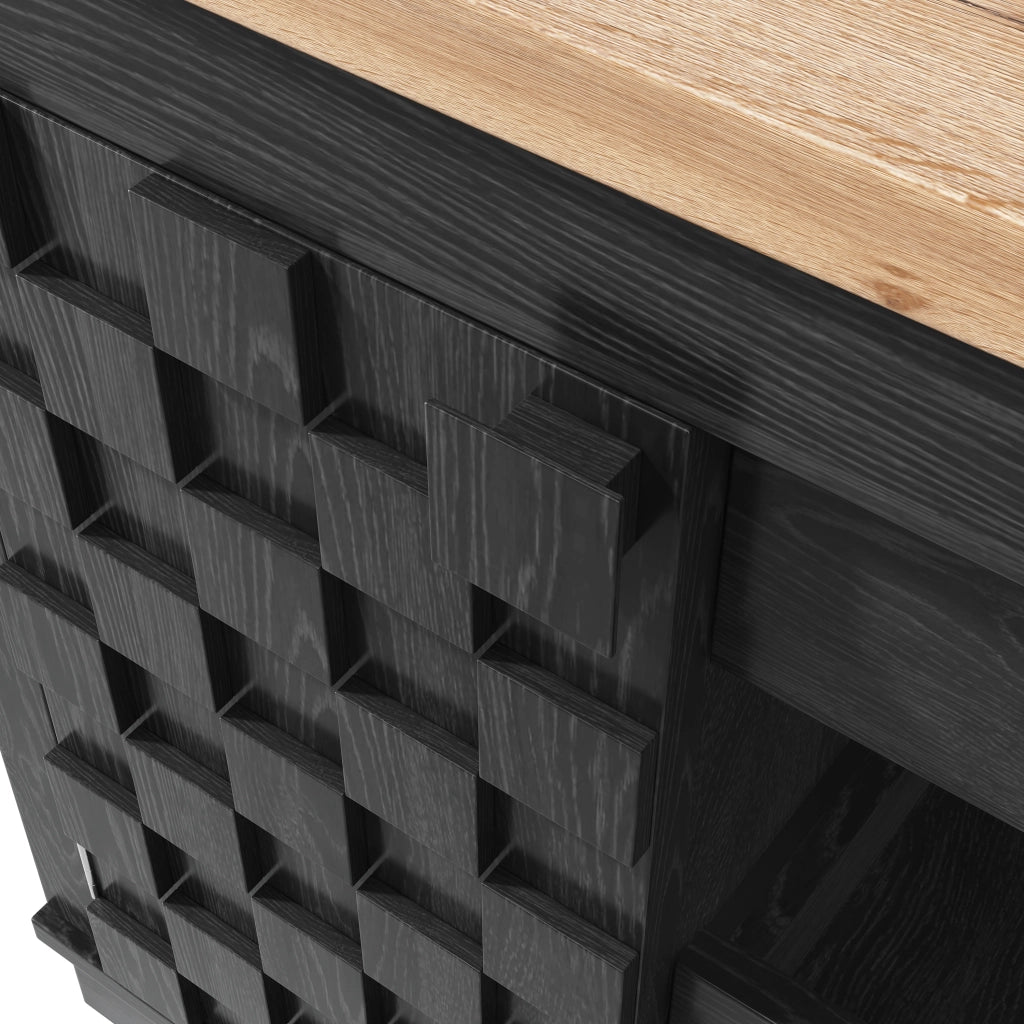 Mobile contenitore girevole 360° con tavolo estensibile, porta vini e cassetti in MDF nero 120 × 197 × 40 × 74,2 cm