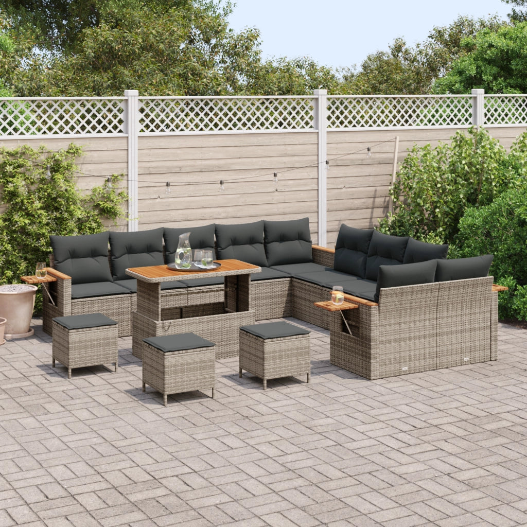 Set di divani da giardino con cuscini di 14 pezzi Grigio Polyrattan Acacia