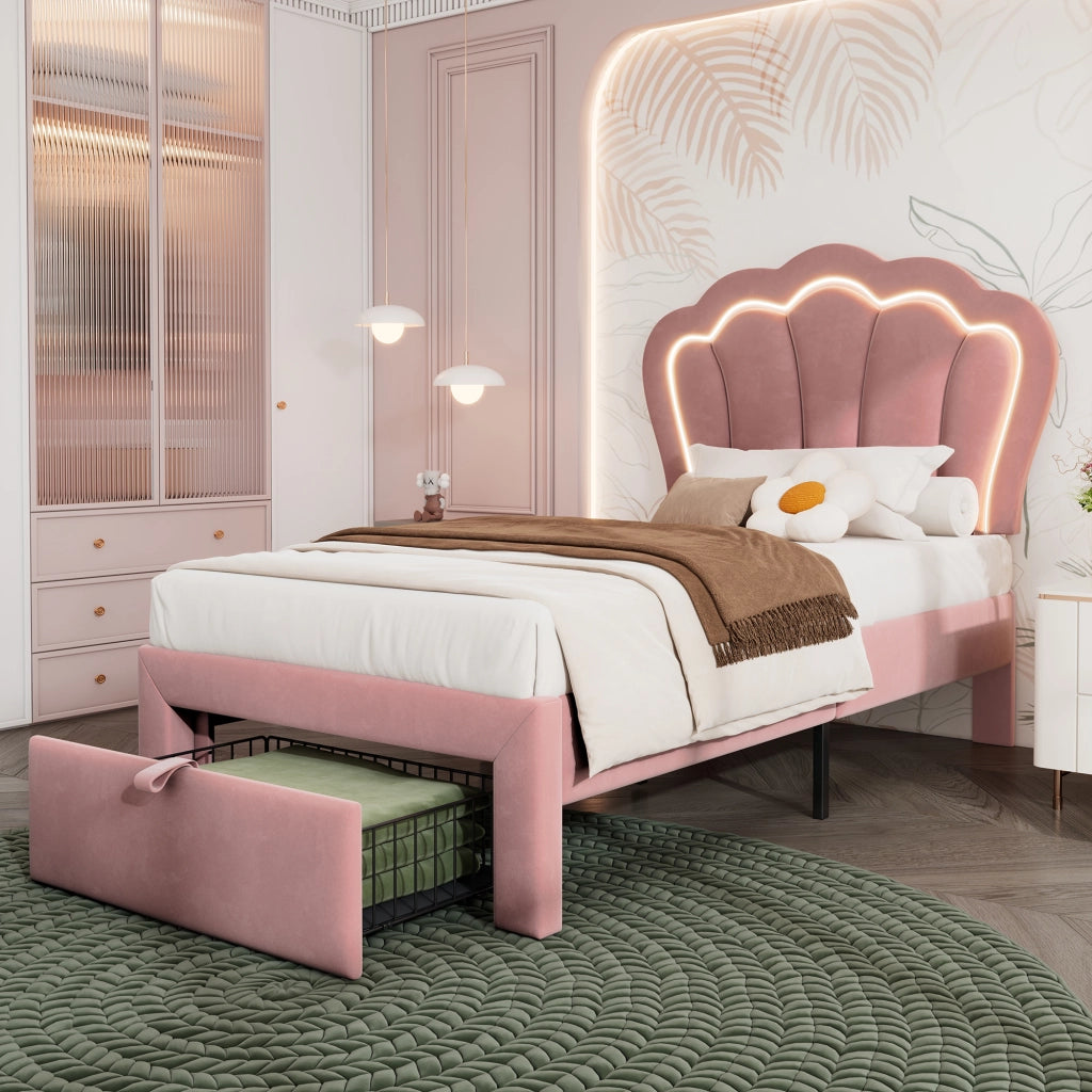 LETTO Singolo 90x200 cm in Velluto Rosa con LED, testiera regolabile e cassetto