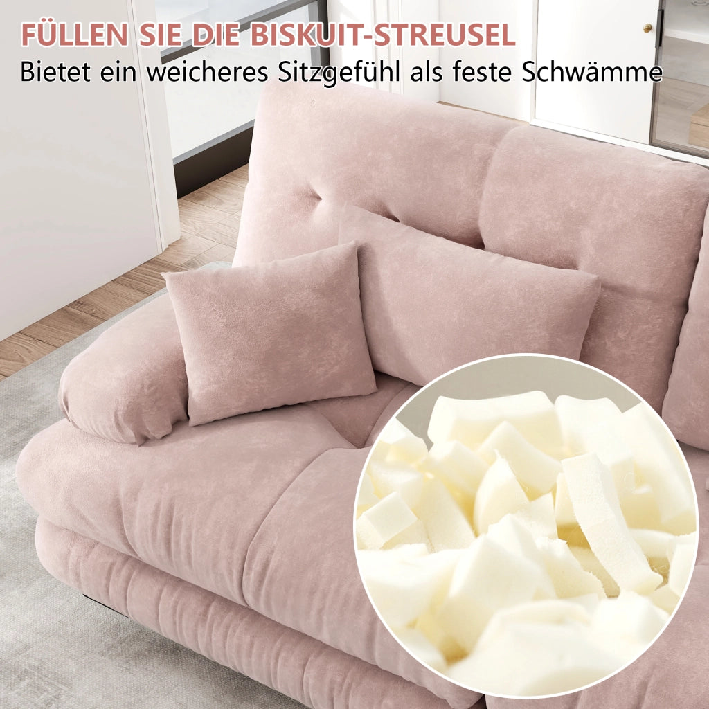Divano modulare con cuscini lombari e decorativi; seduta profonda; in ciniglia; rosa