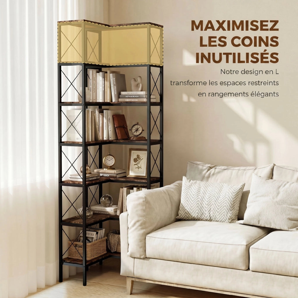Libreria Angolare 6 Livelli ¨C zephmum ¨C Metallo Marrone Rustico 60x60x200