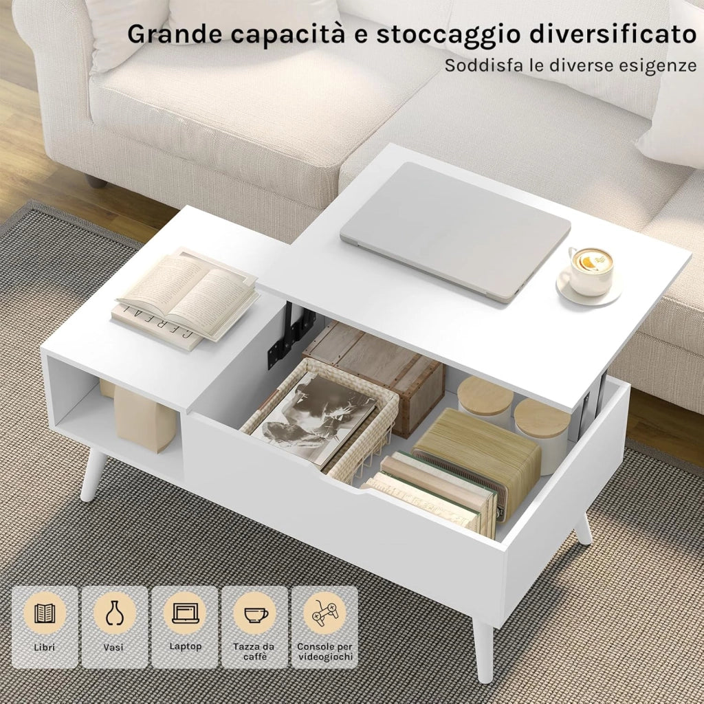 Tavolino da Caffè Sollevabile e Allungabile, Tavolo con Spazio Interno e Scomparto Aperto, Tavolino da Salotto per Soggiorno, 100x50x(43-57) cm, Bianco, BTS26ws