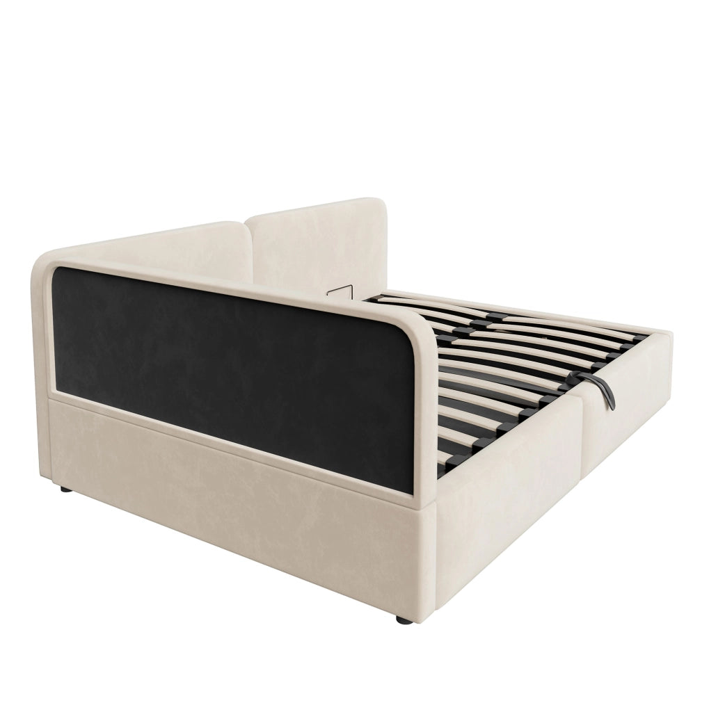 Divano letto imbottito 206x146x81 cm con contenitore idraulico; testiera reversibile in tessuto beige