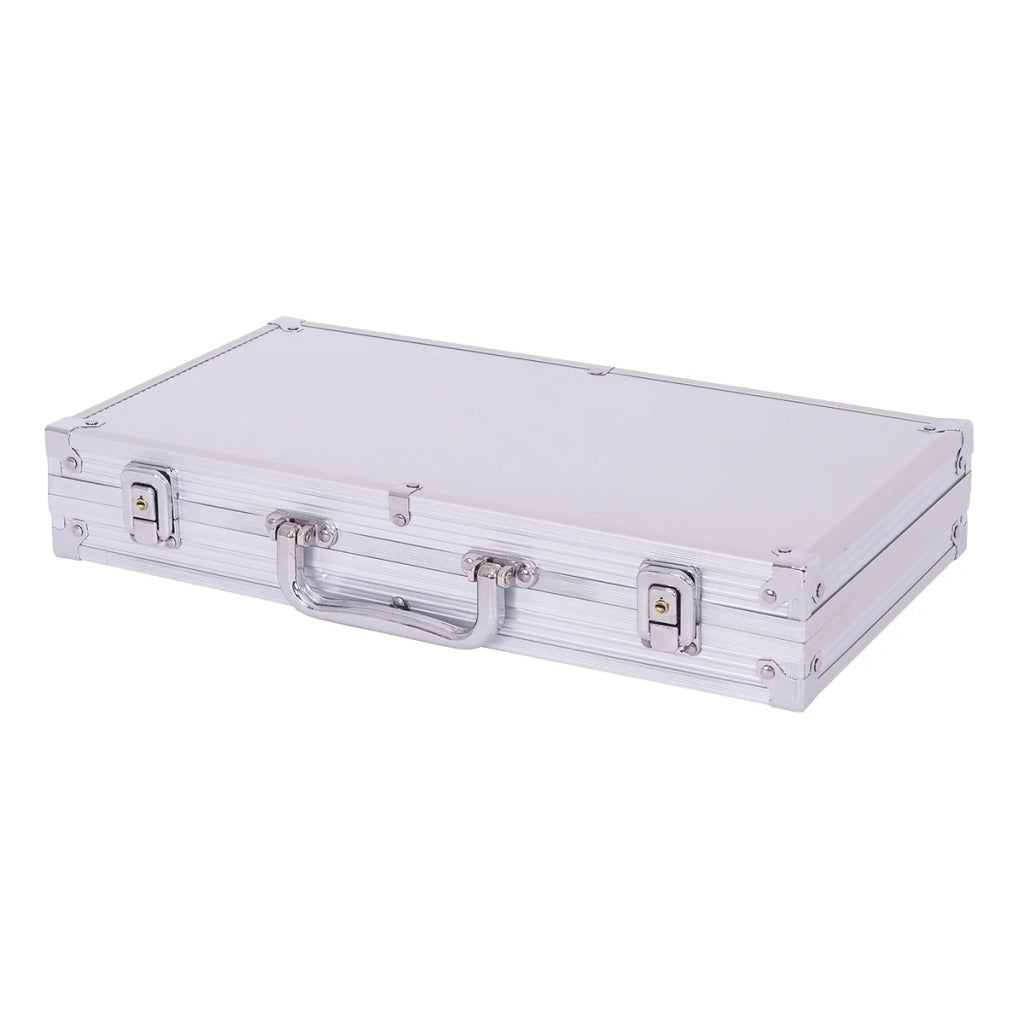 Set di porta carte da poker 38,4 x 20,5 x 6,5 cm con 300 fiches e 2 mazzi di carte in alluminio nero e argento 20_0011036