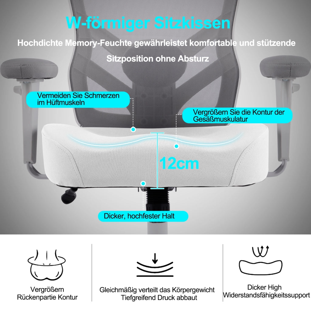 Sedia da ufficio ergonomica con supporto lombare regolabile braccioli 2D regolabili in pelle grigia 61 × 28 × 58 cm