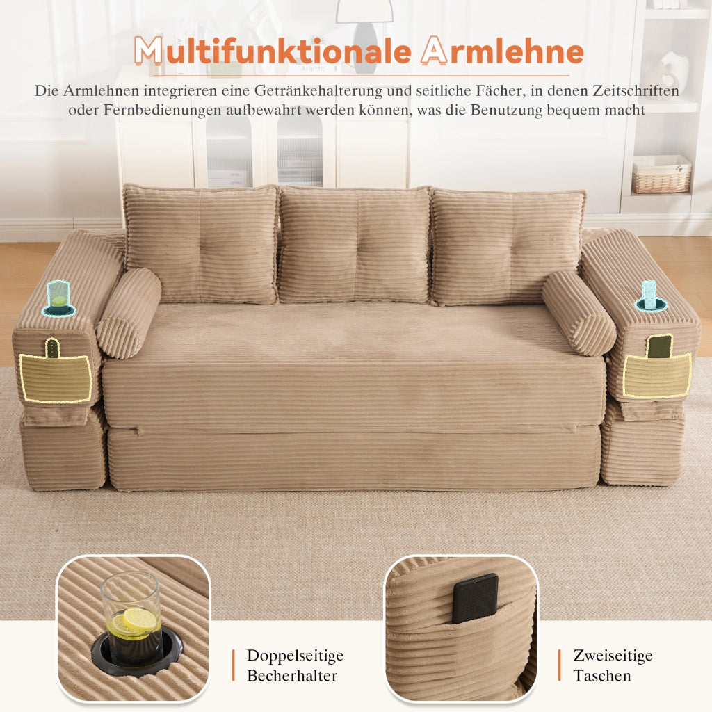Divano convertibile modulare con cuscini in memory foam, tasche laterali e portabicchieri, in tessuto a coste khaki