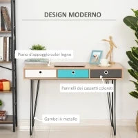 Scrivania Moderna con 3 Cassetti Multicolore in Legno e Metallo, Scrivania per Camera e Ufficio in Stile Nordico, 110x50x77.5cm
