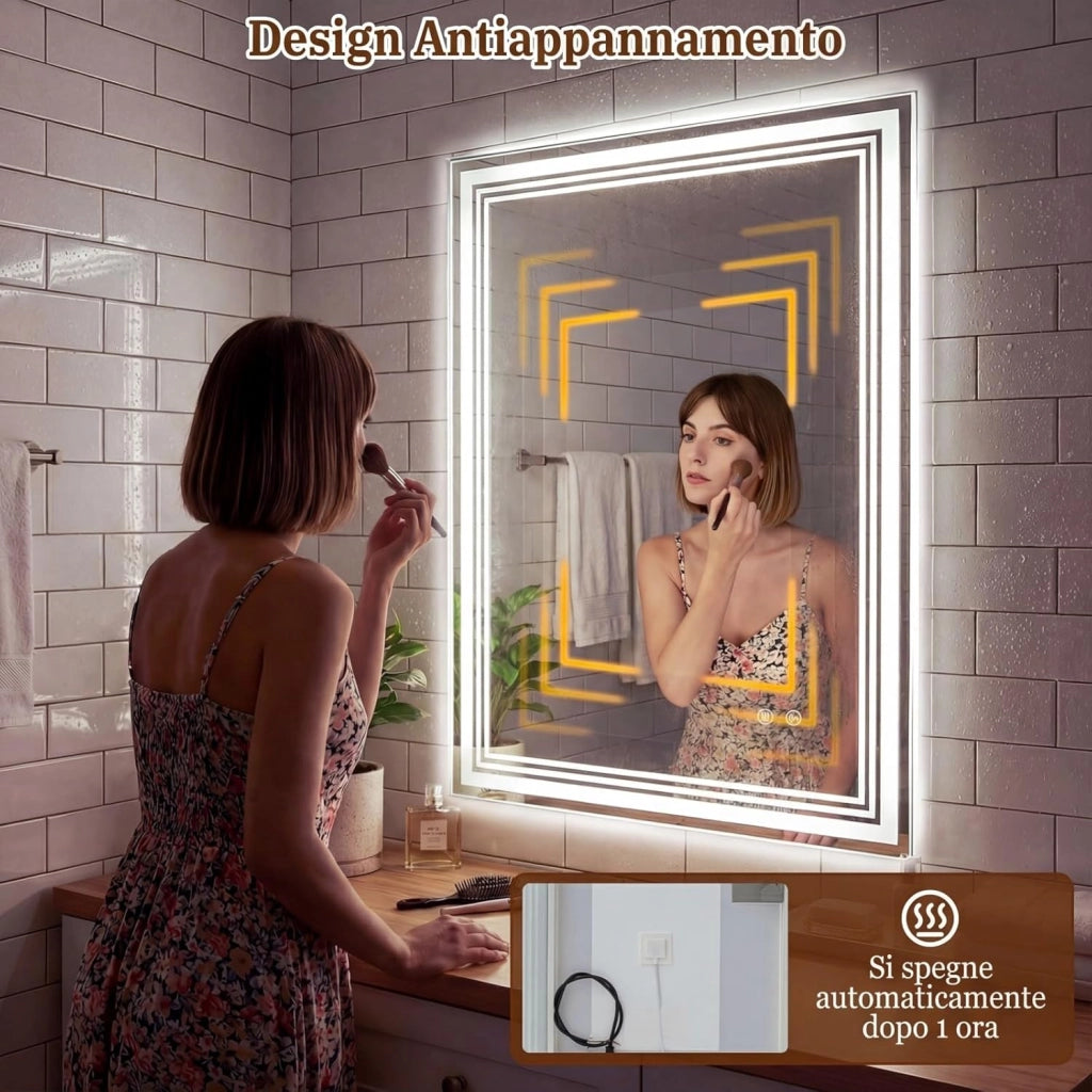 Specchio Bagno a LED Regolabile 70 x 50 cm, Specchio Rettangolare da Parete con Design Antiappannamento, Funzione Memoria, Controllo Touch, Vetro Temperato Infrangibile e Collegamento Fisso
