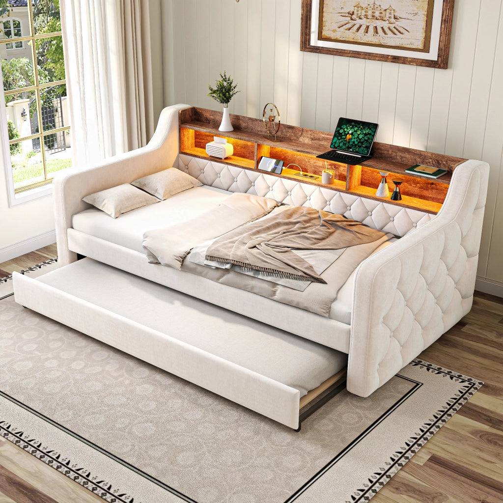 Letto divano estraibile 90 × 190 cm con contenitore, LED regolabile, USB Type-C, senza materasso, in velluto beige