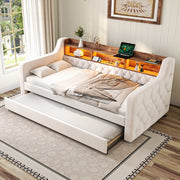 Letto divano estraibile 90 × 190 cm con contenitore, LED regolabile, USB Type-C, senza materasso, in velluto beige