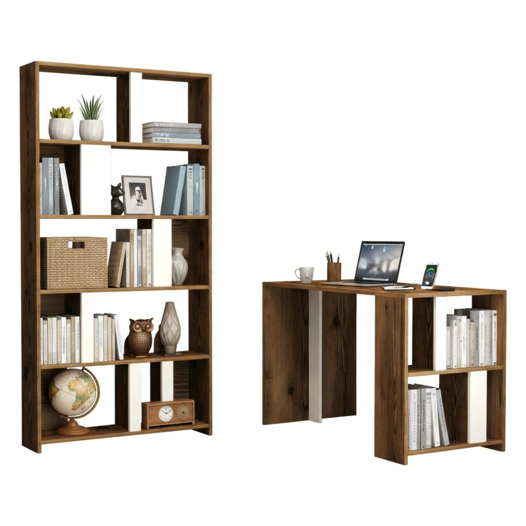 Scrivania Atene, Scrittoio multiuso, Tavolo per ufficio porta PC con libreria, 120x60h75 cm, Noce e Bianco