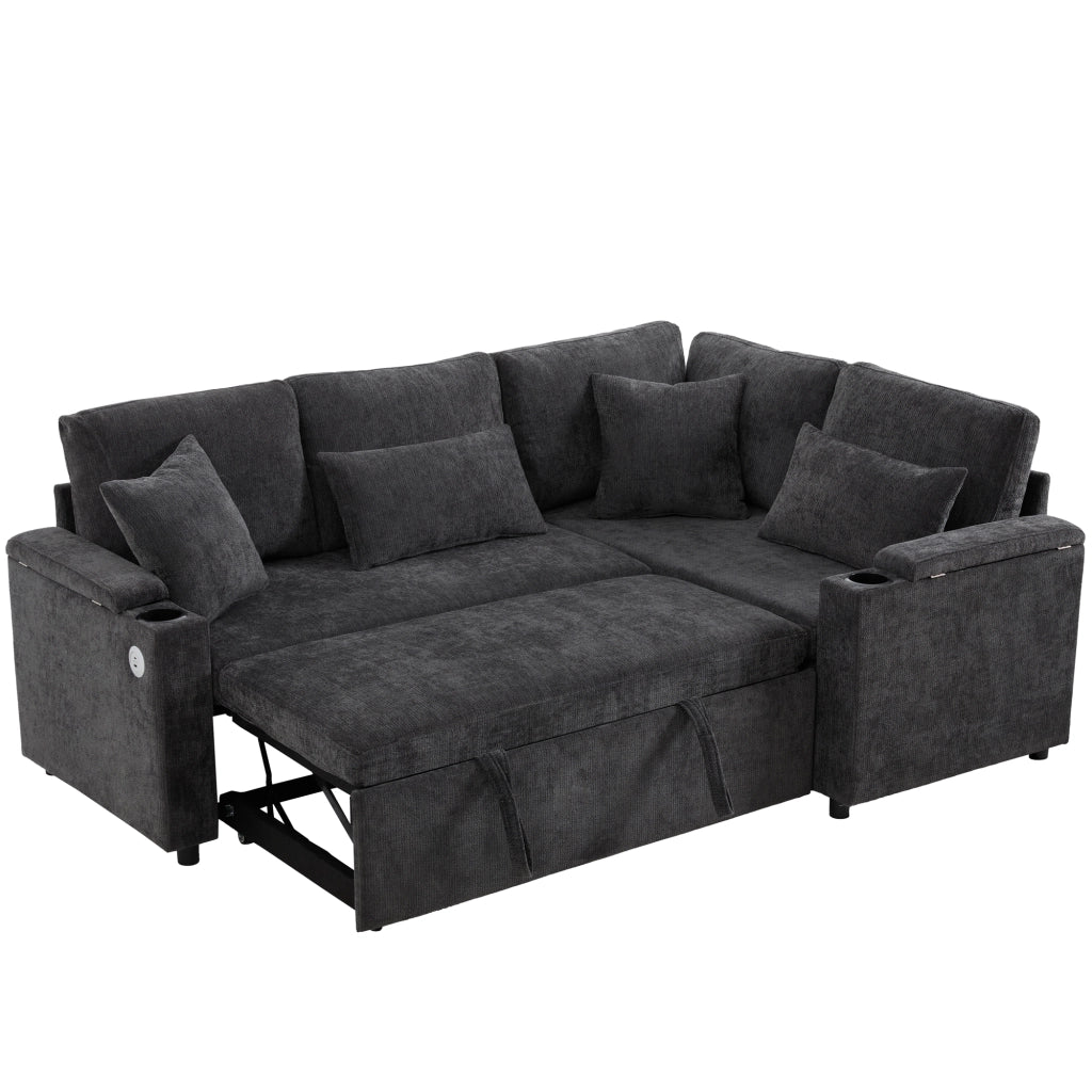 Divano Angolare Letto con Contenitore ¨C MINIMAL ¨C Grigio, Tessuto, Portabicchieri, USB