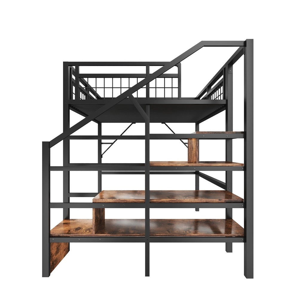Letto a Soppalco 140x200 ¨C Xylo ¨C Nero, Metallo, LED, Scala con Contenitore