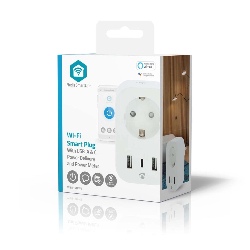 Striscia elettrica connessa Wi-Fi con porte USB-A / USB-C Wattmetro 3680W Tipo E Francia Bianco Nedis