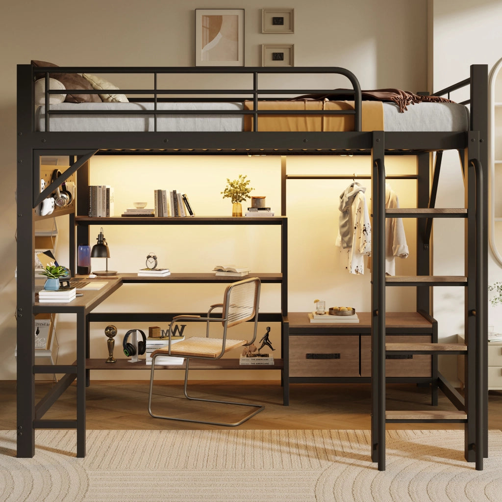 Letto a soppalco 140x200 cm con scrivania; ripiani; cassetti in tessuto; LED e USB; nero