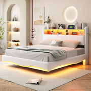 Letto imbottito sospeso 160x200 cm beige con LED, porte USB e Type-C, testiera con vano contenitore, struttura in metallo