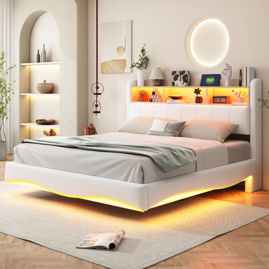 Letto imbottito sospeso 160x200 cm beige con LED, porte USB e Type-C, testiera con vano contenitore, struttura in metallo