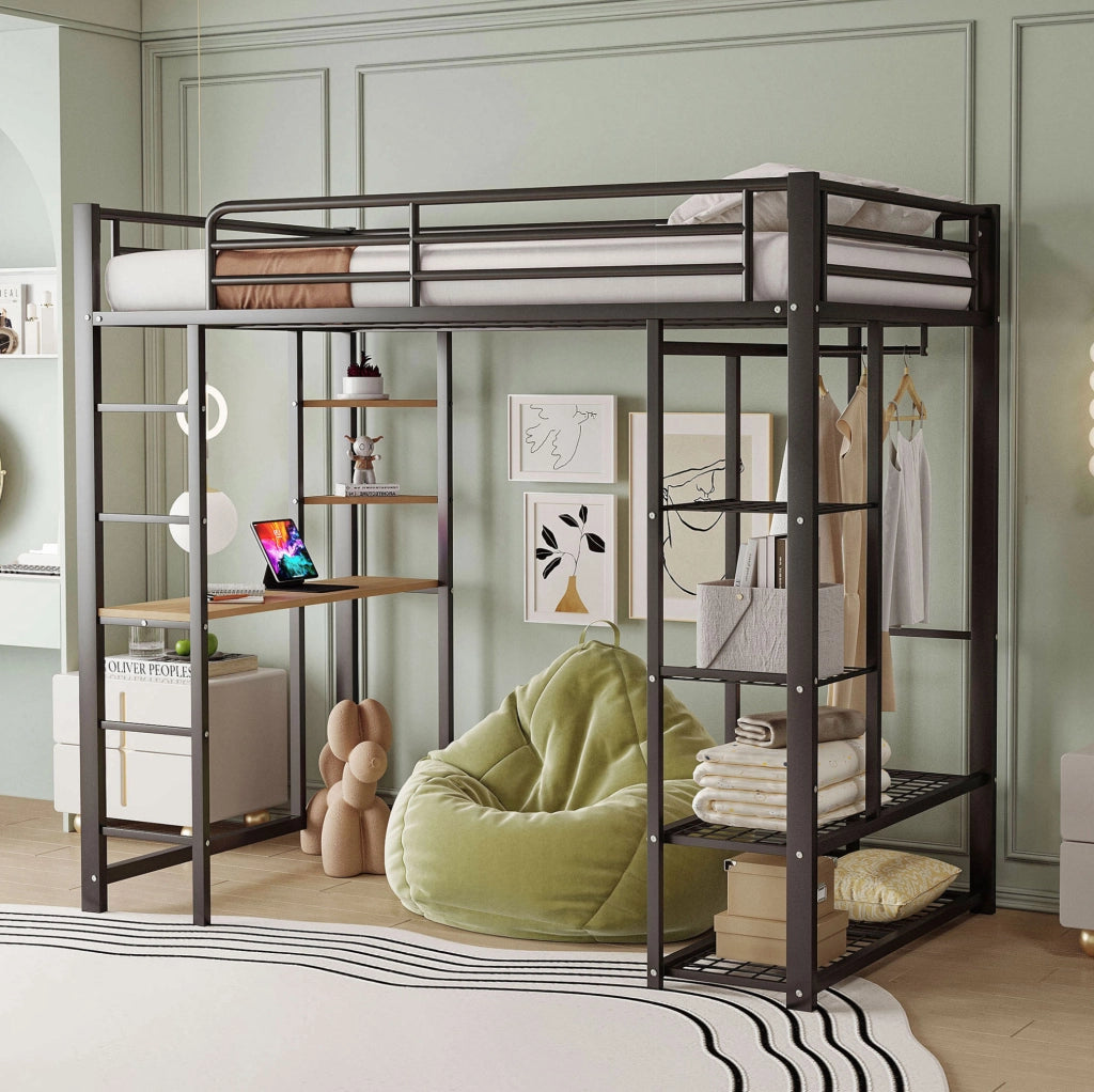 Letto a soppalco 90x200 cm multifunzionale con scrivania; armadio laterale e scala nero