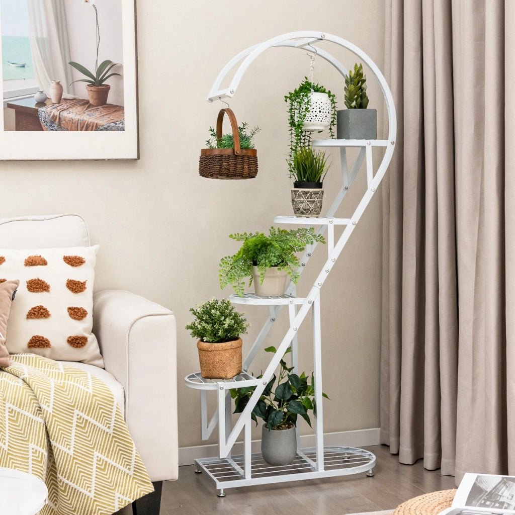Set di 2 Scaffali per piante in metallo a 5 livelli, Porta piante a forma di cuore con gancio per soggiorno Bianco-Scaffali per piante