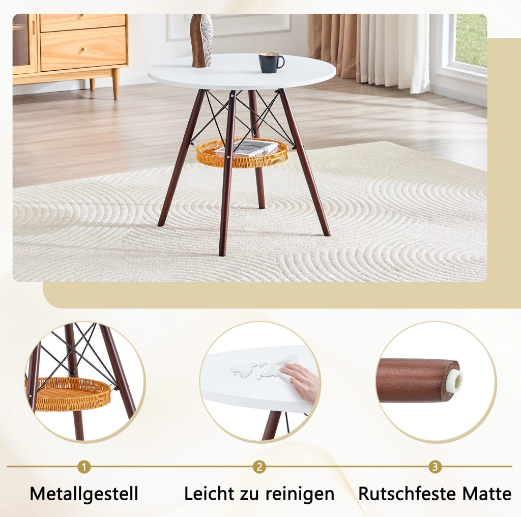 Tavolo da pranzo rotondo Ø80 cm bianco e noce con cestino