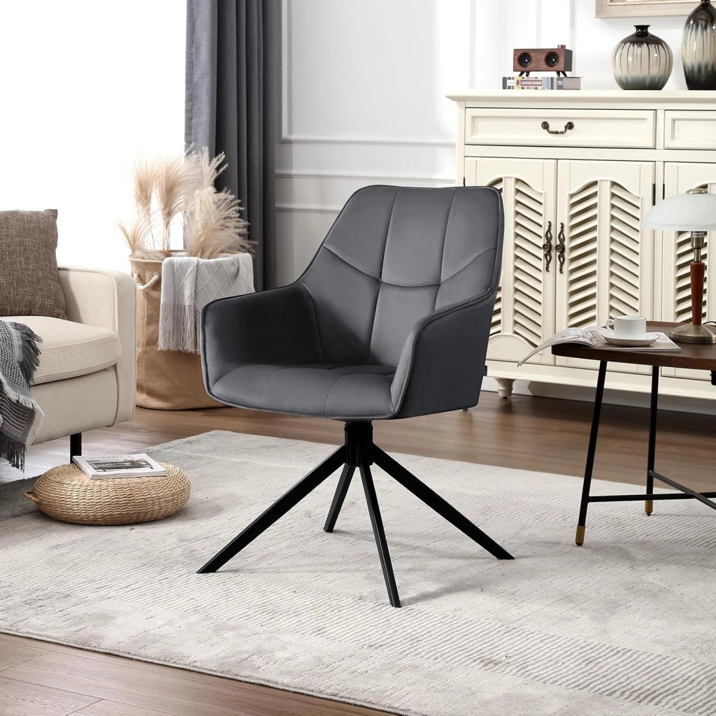 Sedia da Pranzo con Braccioli, Poltroncina con Gambe in Metallo, Sedia da Cucina con Schienale e Seduta Girevole, per Salotto, Studio, in Velluto, Grigio Scuro, EZS09dgr-1