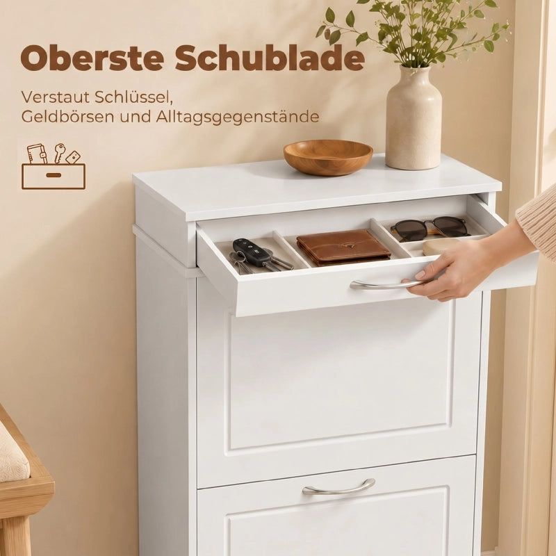 SCARPIERA ribalta con cassetto 53 x 26,5 x 89 cm bianca in legno per 8 paia