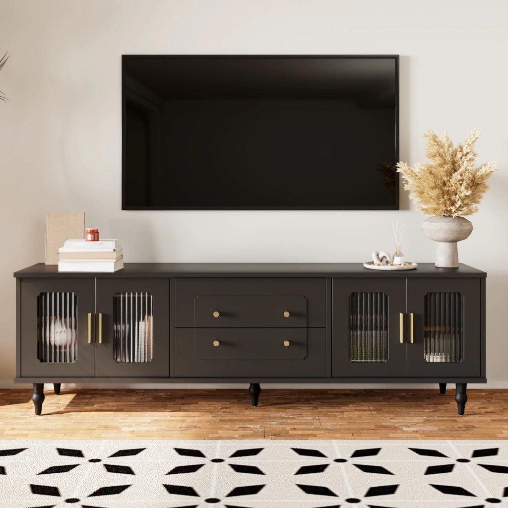 Mobile TV nero 177x38x55,5 cm con 4 ante in vetro rigato e cassetti push-to-open
