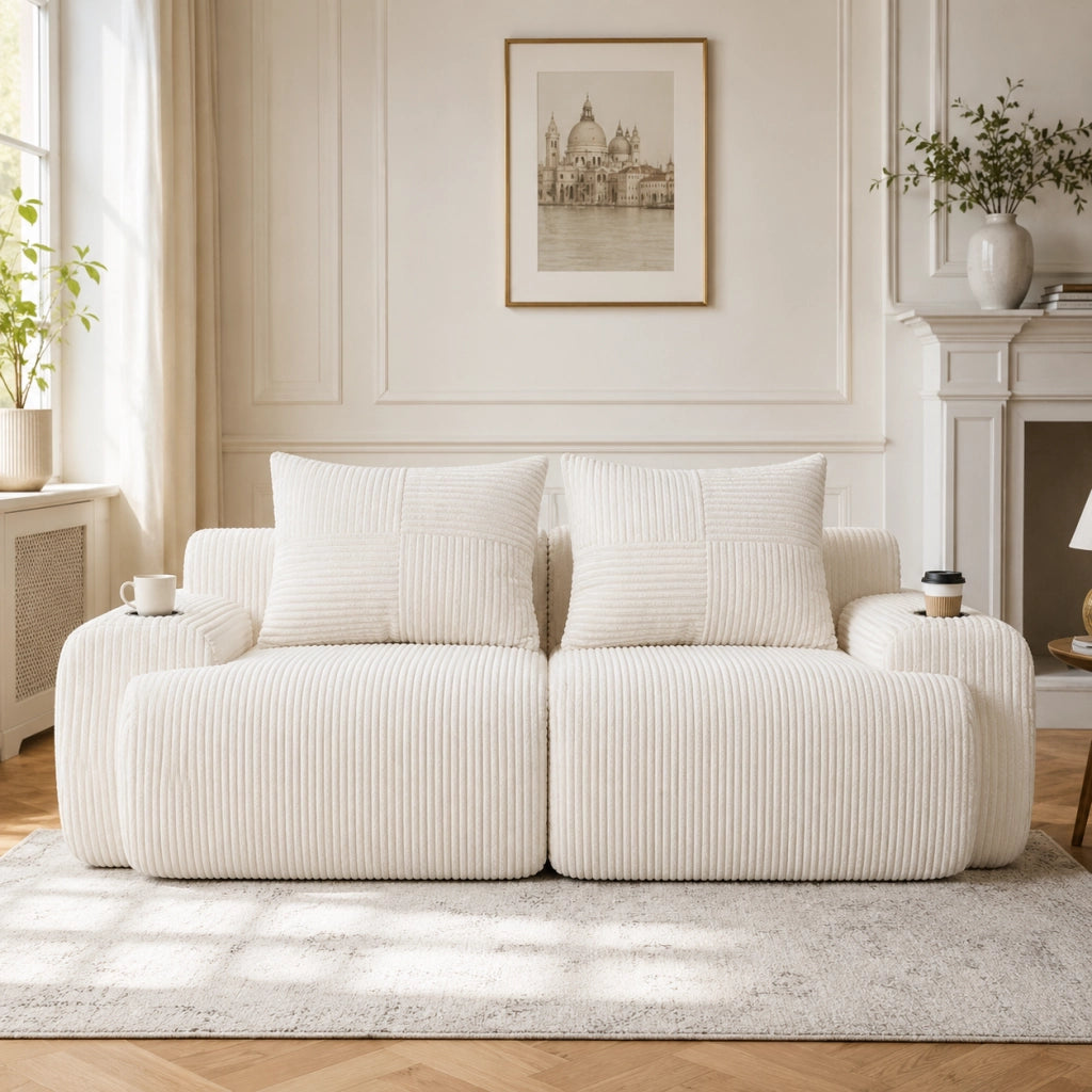 Divano modulare 2 posti con portabicchieri e tasca laterale ergonomico in velluto a coste beige 200 × 99 × 80 cm