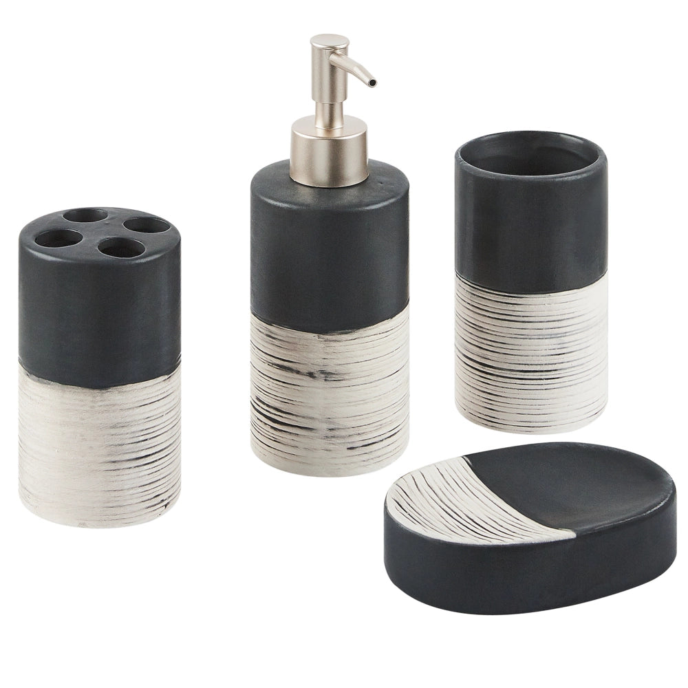 Set di 4 Accessori Bagno in Ceramica nera e beige dispenser sapone porta sapone portaspazzolini bicchiere