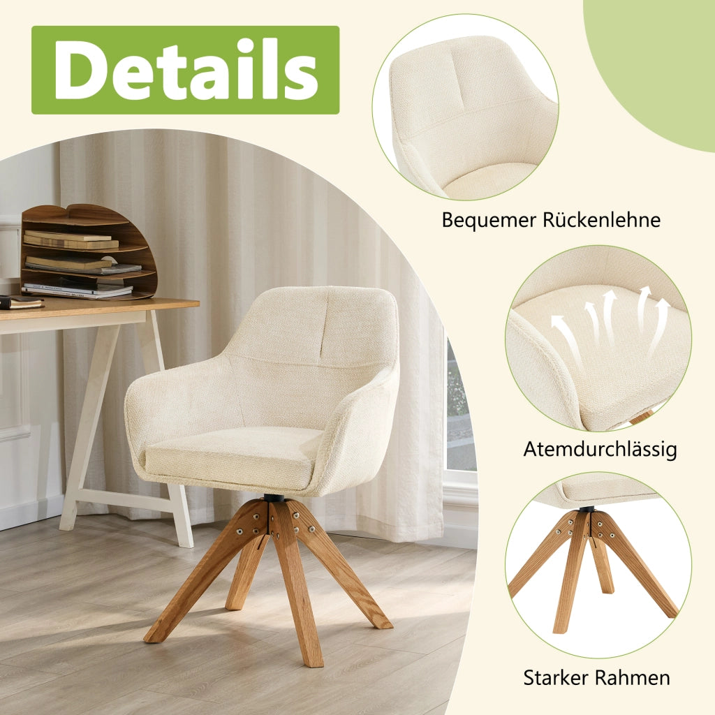 Sedia da sala da pranzo girevole con braccioli e schienale ergonomico in tessuto beige e legno di quercia