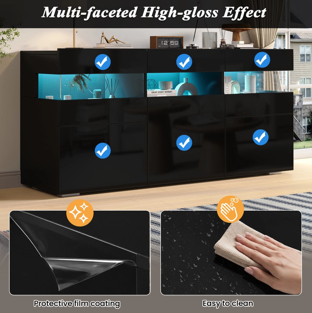 Credenza ULEVR 140x40,5x66,5 cm con 3 ante, 7 vani e LED controllabile tramite app, nero