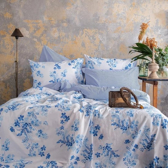 Set di coperte 240x220 in cotone Strisce invertibili Fiori Blu Bianco Coperte per letto (240 x 220 + 2 (65 x 65))