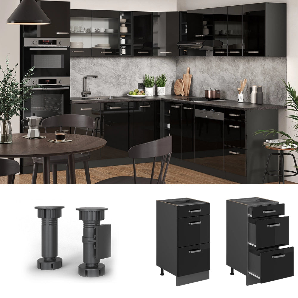 Vicco Mobiletto base per cucina Nero lucido 40 cm con cassetti, senza piano di lavoro