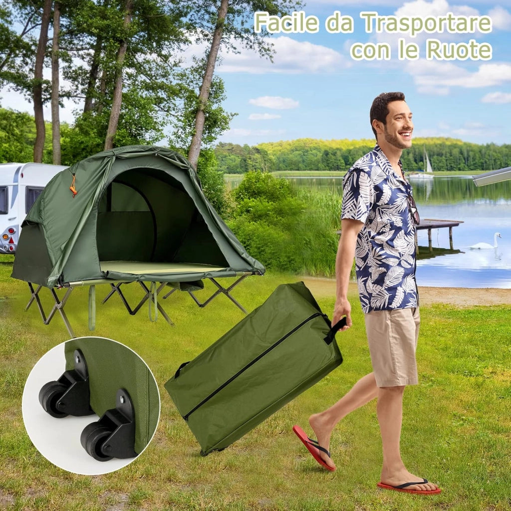 4 in 1 Tenda da Campeggio Rialzata per 2 Persone, Letto Brandina da Campeggio Pieghevole con Materasso Gonfiabile Automatico, Tenda a Doppio Strato Impermeabile e Antivento con Borsa