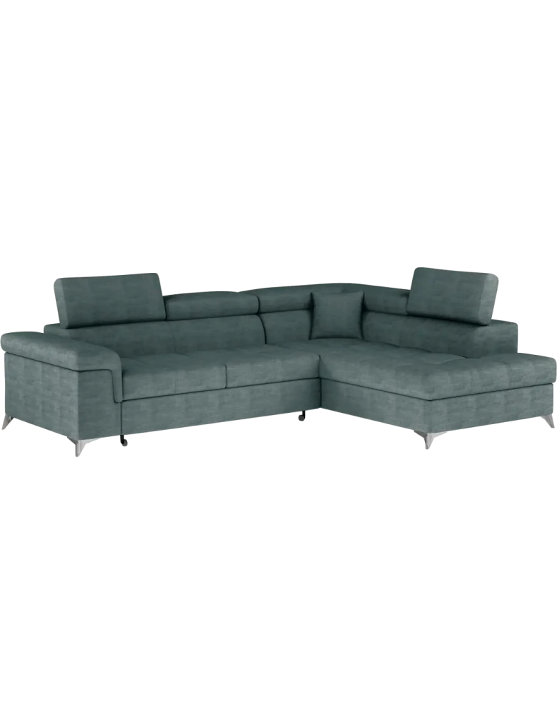 Divano angolare convertibile PALAZZO 4 posti verde blu – angolo destro con vano contenitore