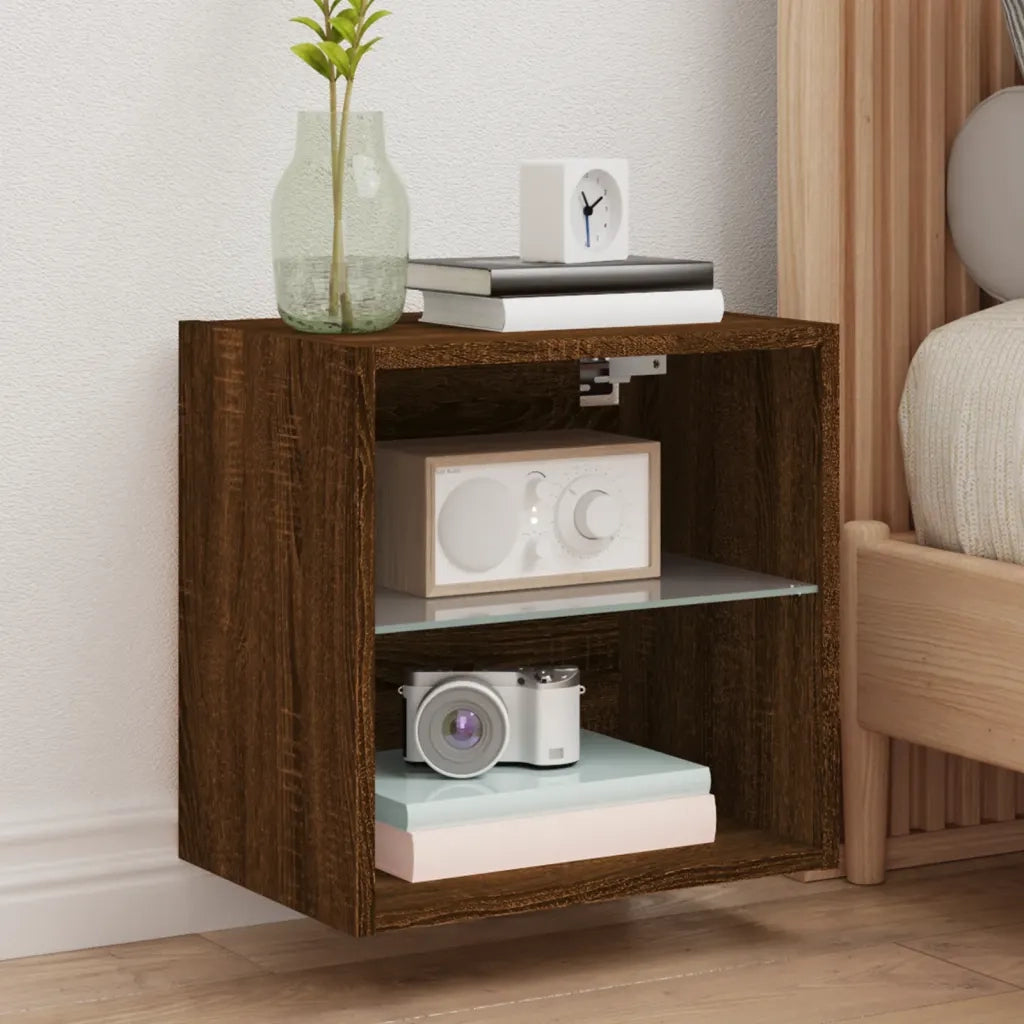 Comodino | Armadio da Notte | Mobiletto da notte con Luci LED a Parete Rovere Marrone