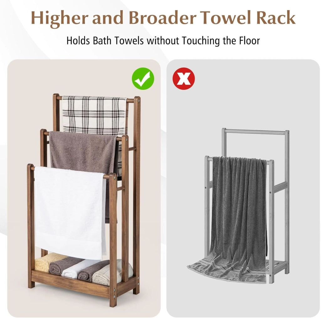 Porta Asciugamani, Porta Asciugamani da Terra, Porta Asciugamani da Terra in Legno, con 3 Aste per Asciugamani, con Ripiano Portaoggetti, Accessori da Bagno in Legno