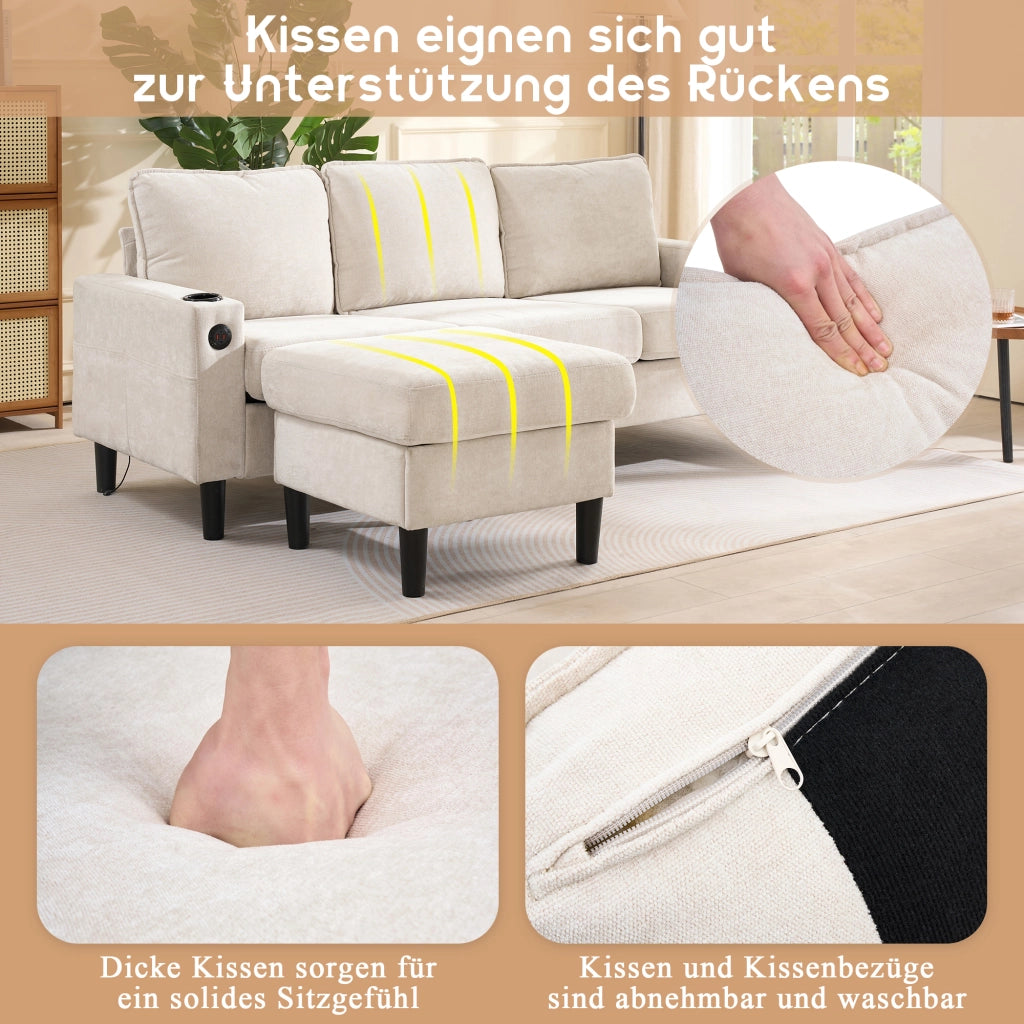 OKWISH Divano ad Angolo con USB e USB-C, Portabicchieri e Tasche Laterali, Pouf Modulare, Lino Beige 202 x 137 x 80 cm