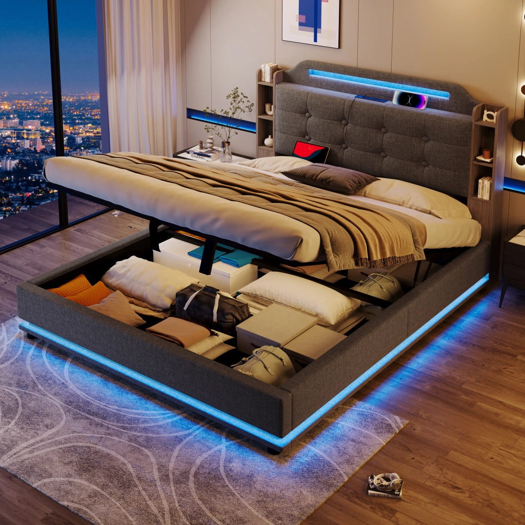 Letti contenitori 140x200 cm con luci LED e vano contenitore; lino; grigio (Senza materasso)