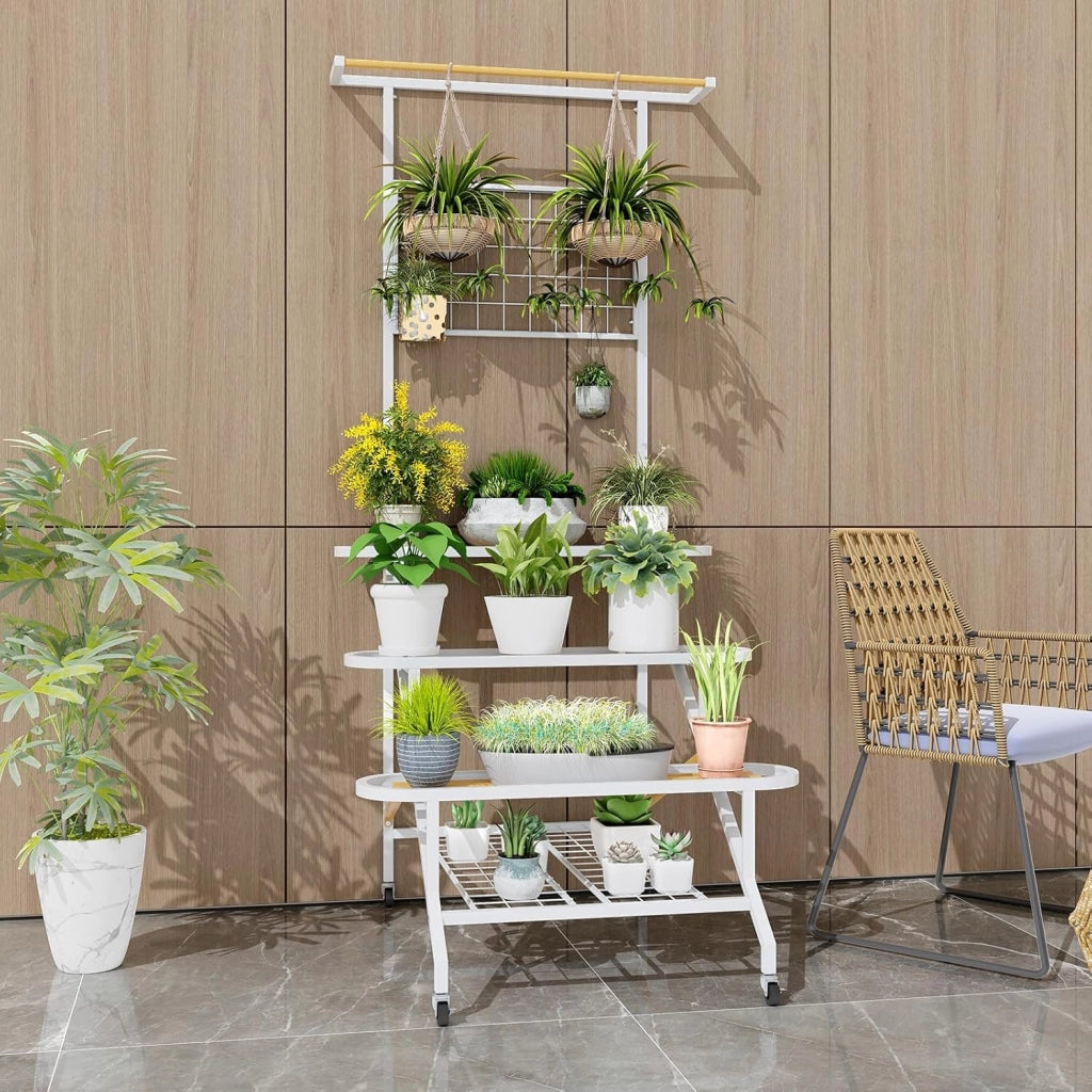 Scaffale per Piante da Interno ed Esterno, Porta Piante a 4 Livelli con Ruote, Barra e Traliccio, Portafiori da Soggiorno, Balcone, Giardino e Terrazzo, 80 x 85 x 175 cm