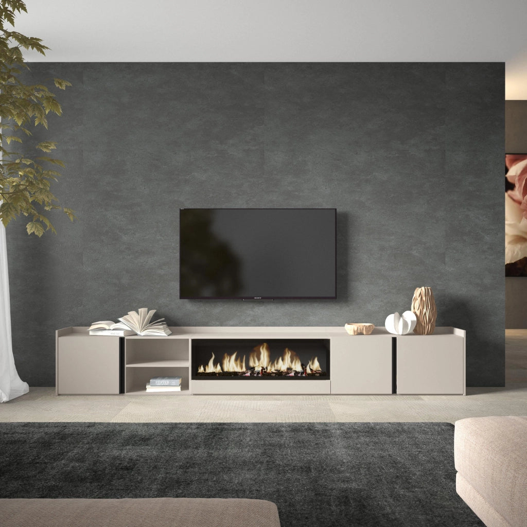 Mobile TV Soggiorno, 315x50x35 cm, Per TV fino a 80", Camino elettrico XXL, Beige