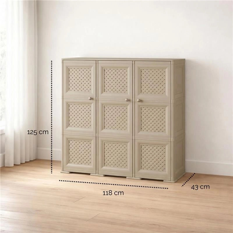 ARMADIO 3 ANTE TRAFIATO TAUPE 118X43X125 CM CON PUNTALI – MOBILE CONTENITORE ALTO SALVASPAZIO PER ZONA GIORNO E VERANDA