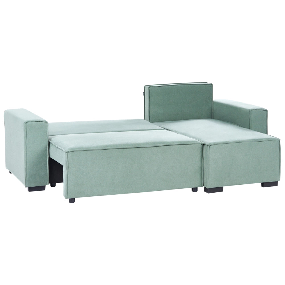 Divano letto angolare a 3 posti con rivestimento in tessuto verde chiaro, lato sinistro, con braccioli contenitore reversibili, stile moderno per soggiorno