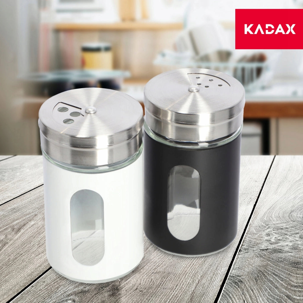 Saliera KADAX, contenitore per sale, bianco, 90 ml, in vetro e acciaio, per condimenti.