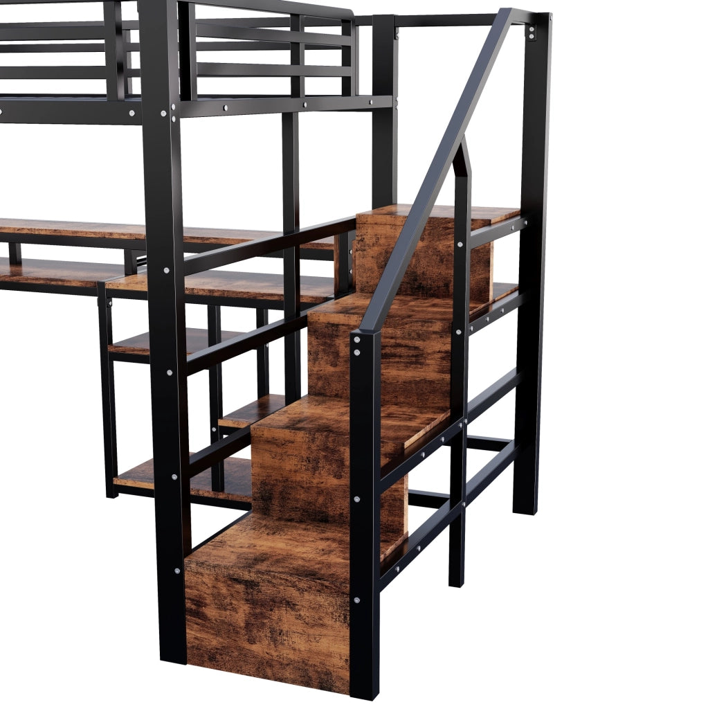 Hochbett 140x200 cm in metallo e MDF con vano portaoggetti; USB; Type-C e LED; nero