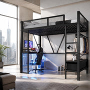 Letto a soppalco 140x200 cm nero – scrivania, contenimento e LED, senza materasso
