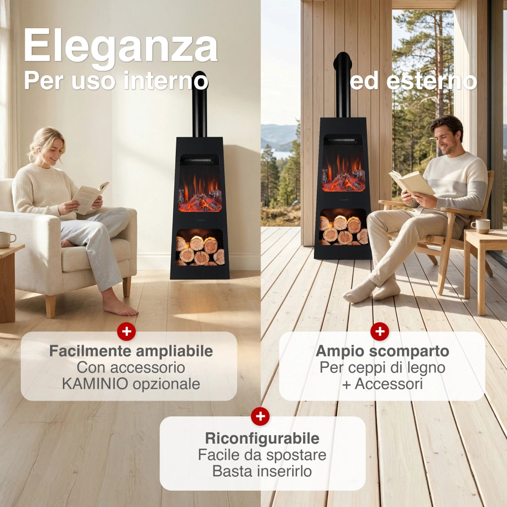 KAMINIO Caminetto elettrico da giardino con tubo KAI L - Stufa de terrazzo  elettrico con riscaldamento, effetto fiamma 3D, luce ambiente a LED, scomparto de legno, telecomando - Large, Nero