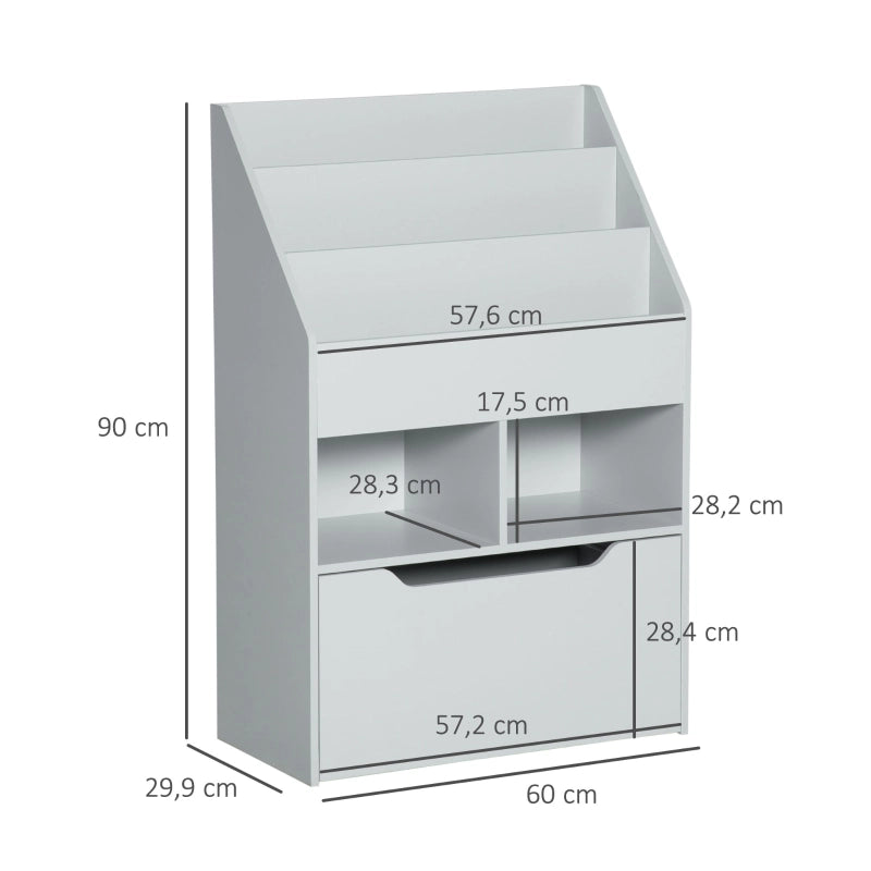 Libreria per bambini con cassetto, 3 scomparti e 2 vani aperti, grigia, 60 x 29,9 x 90 cm