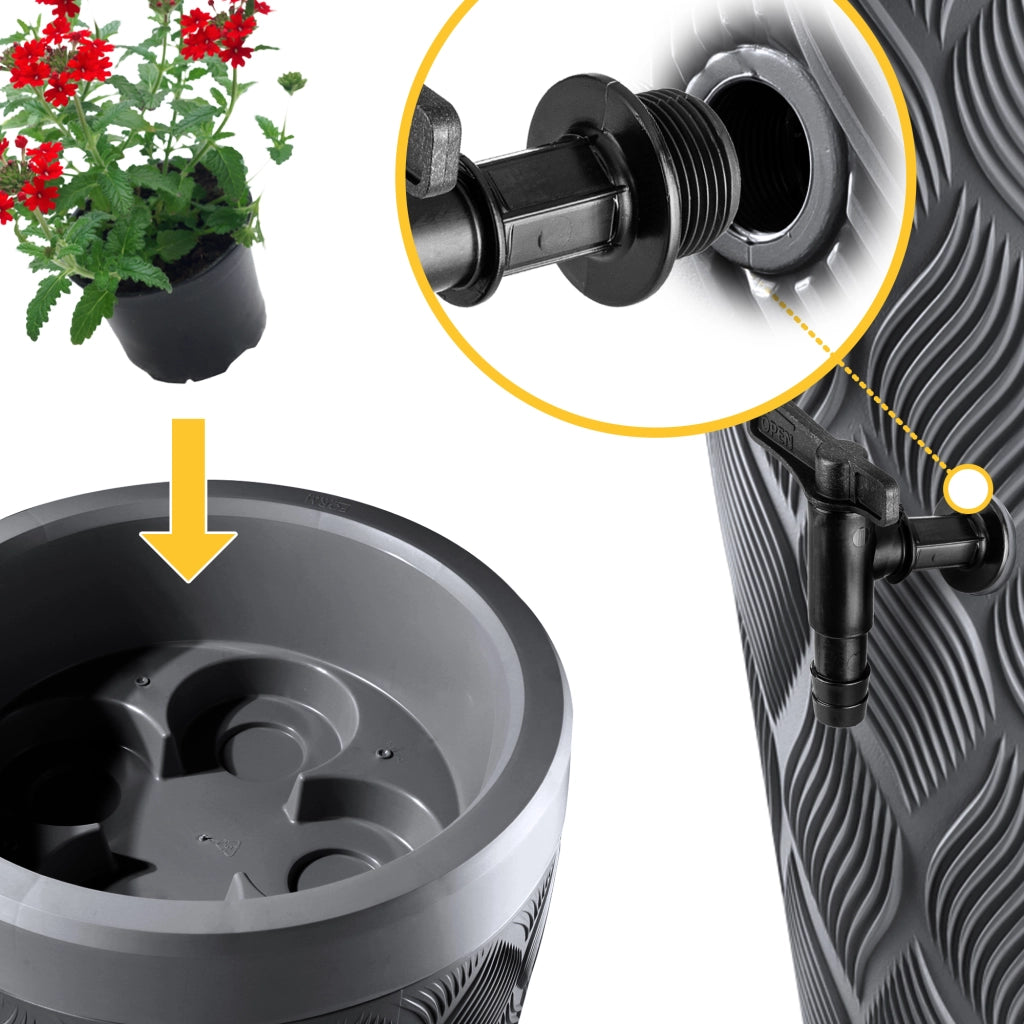 Serbatoio per acqua piovana KADAX, barile da 240 litri, contenitore, vaso da fiori, base per rubinetto, antracite
